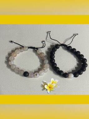 Adjustable White and Black Beaded Diffuser Bracelets - Set of 2